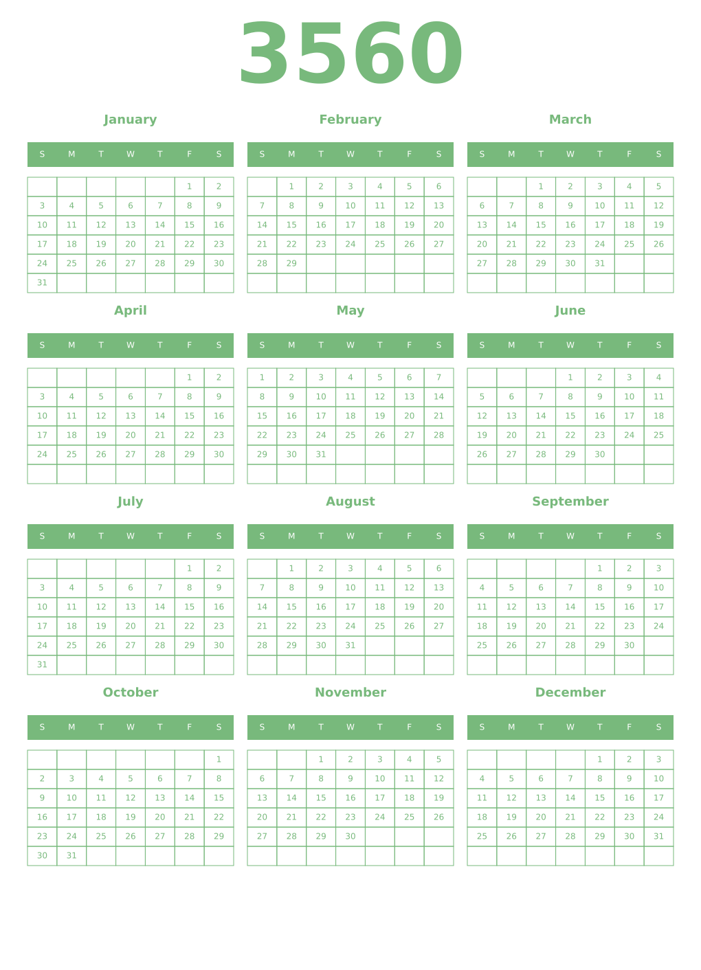 Printable 3560 Year Calendars celadon