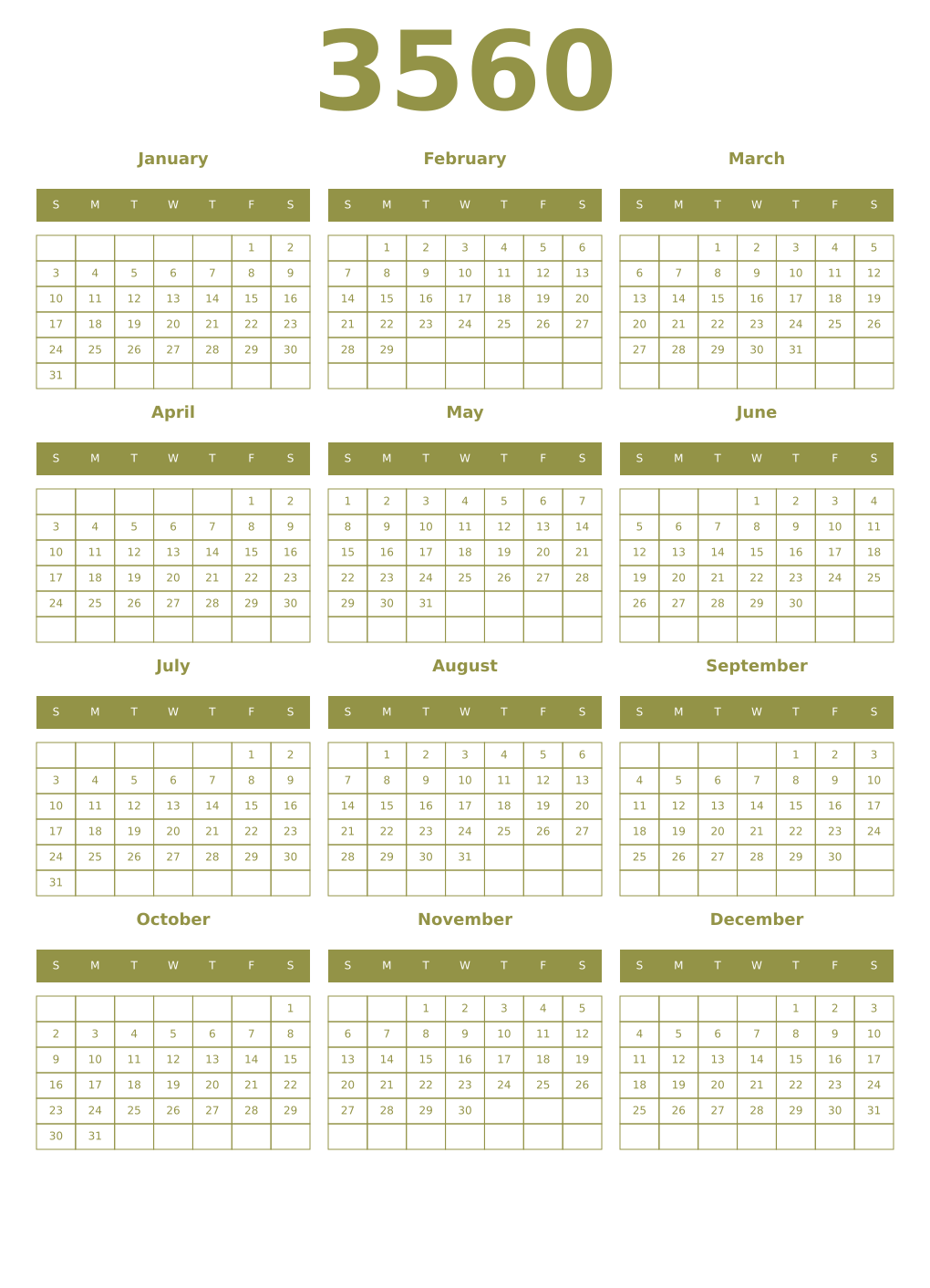 Printable 3560 Year Calendars eburnean