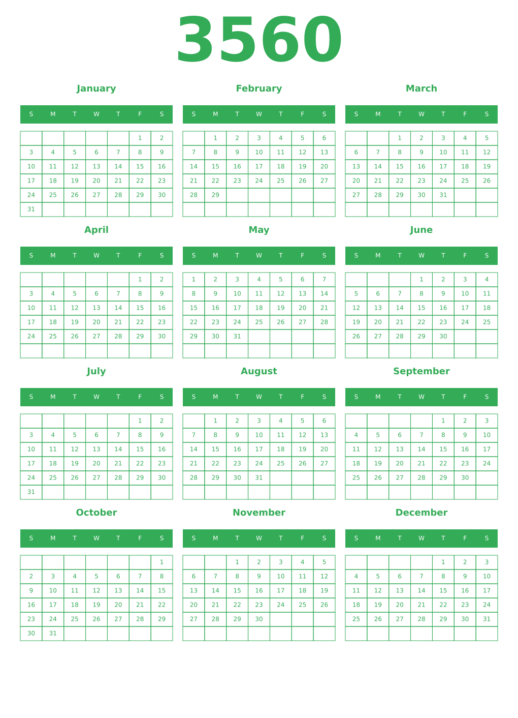 Printable 3560 Year Calendars green