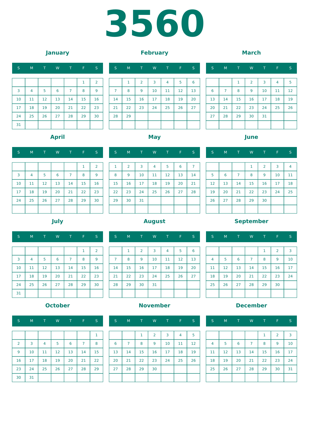 Printable 3560 Year Calendars pastel