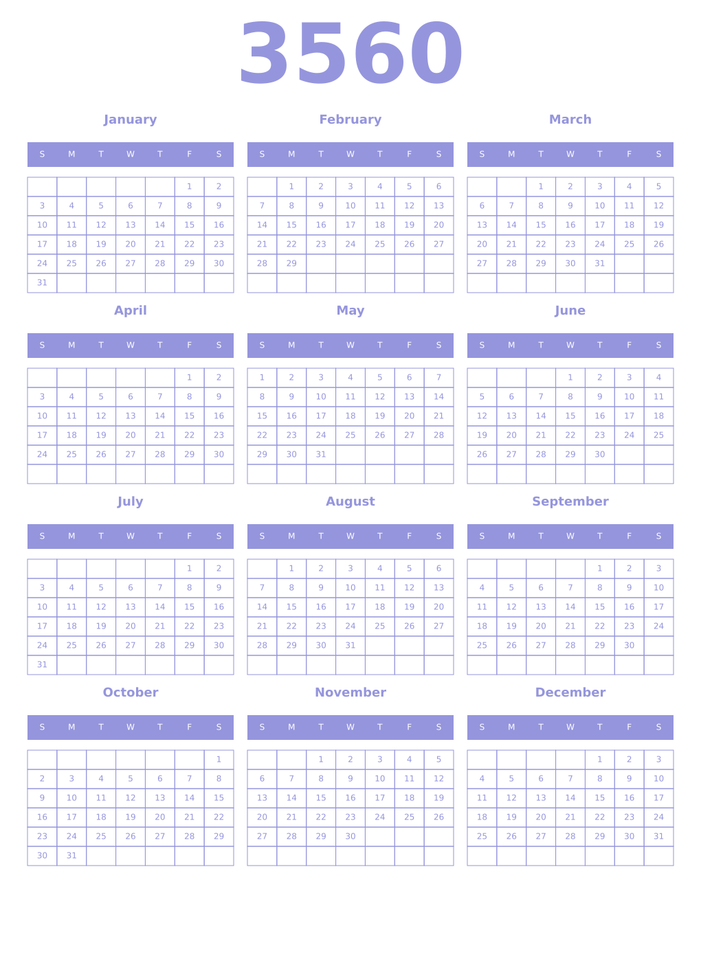 Printable 3560 Year Calendars periwinkle