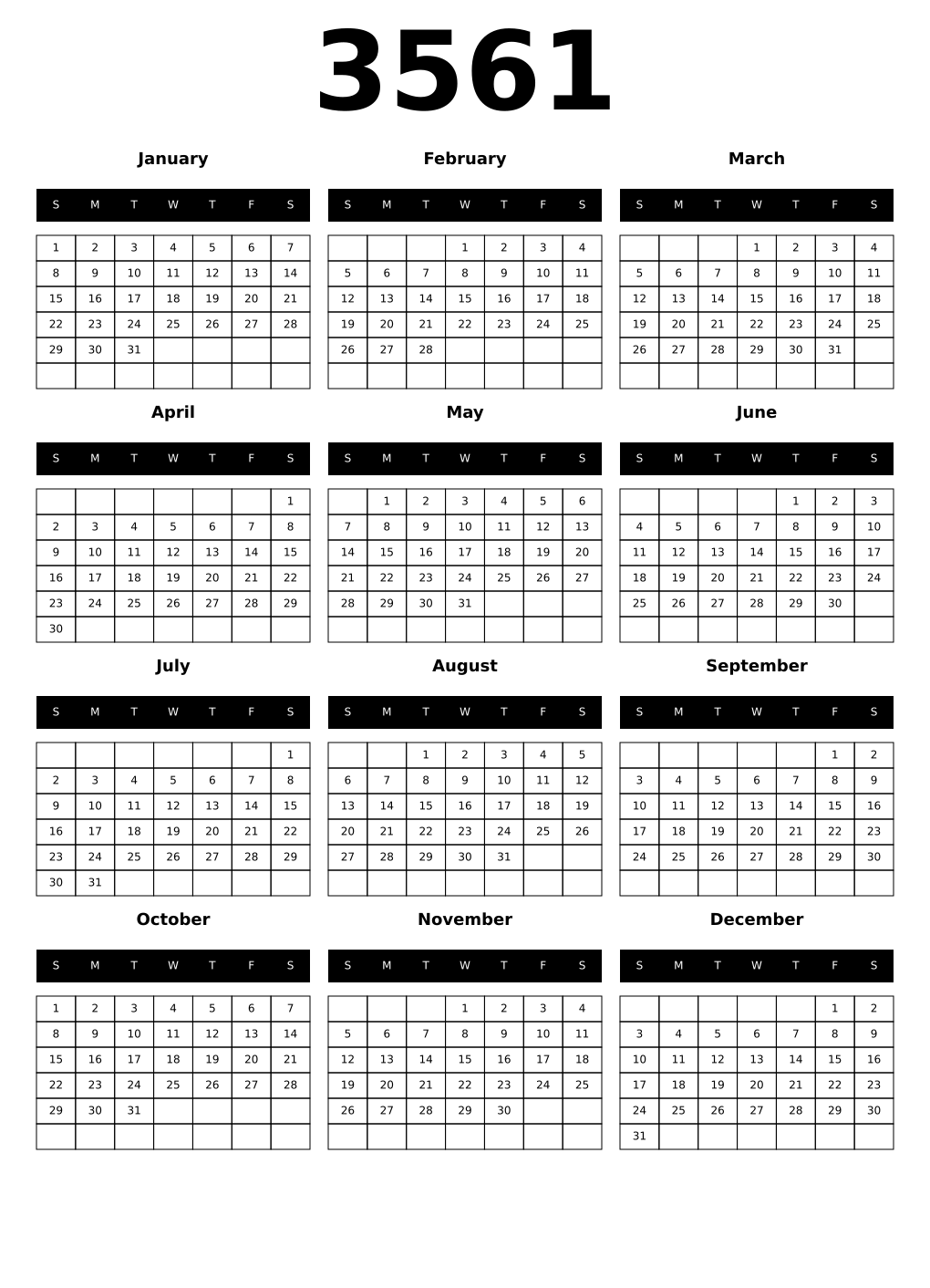 Printable 3561 Year Calendars black