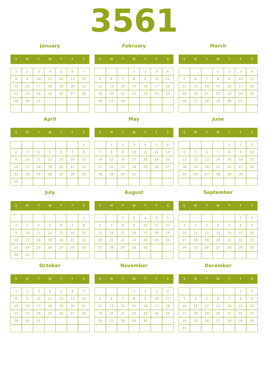 Printable 3561 Year Calendars chartreuse