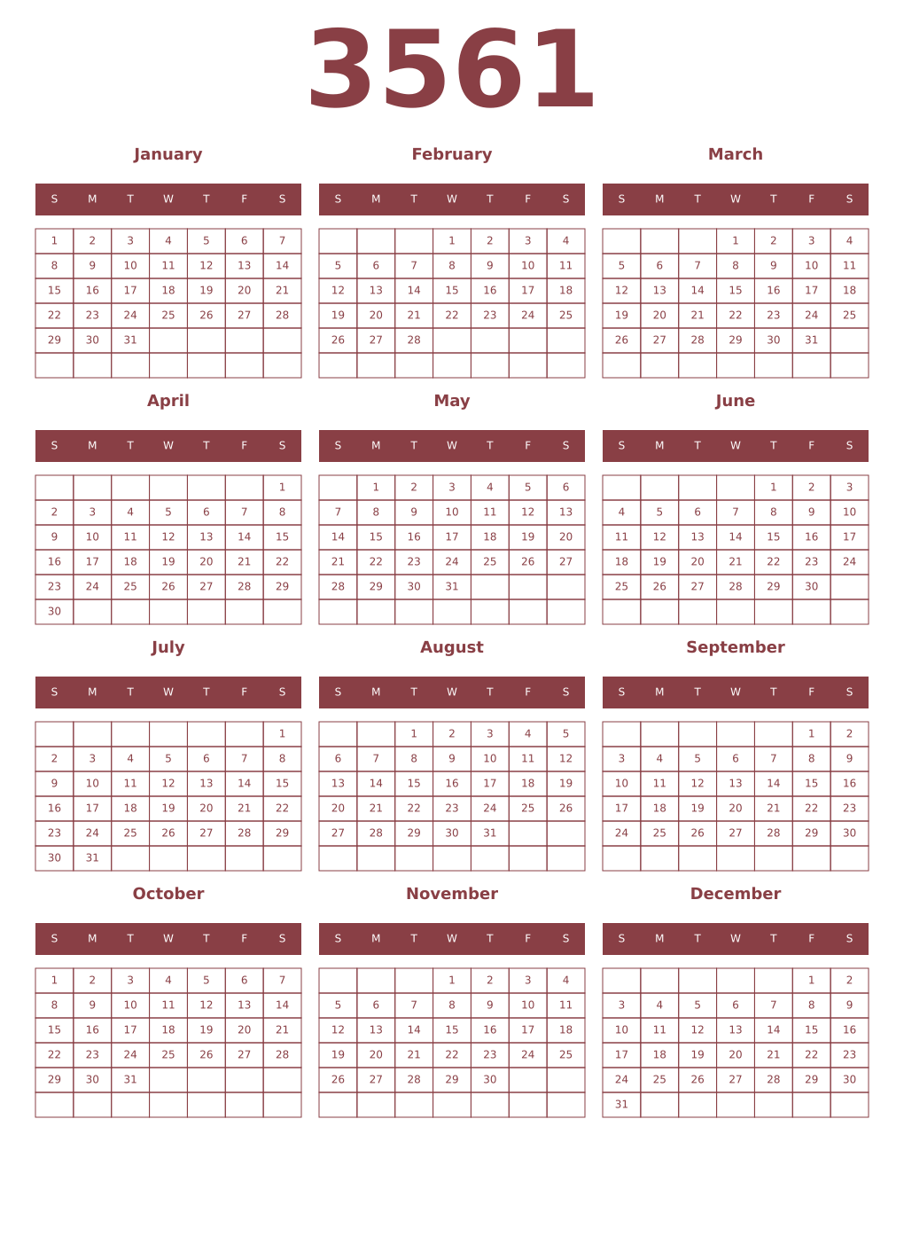 Printable 3561 Year Calendars cordovan