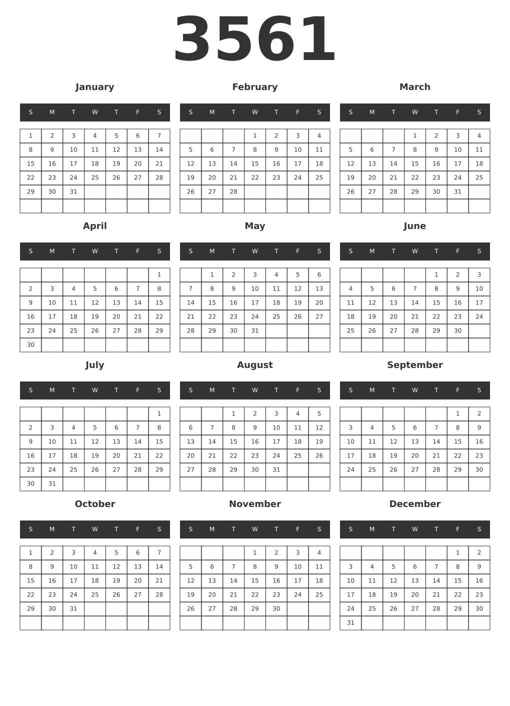 Printable 3561 Year Calendars dark
