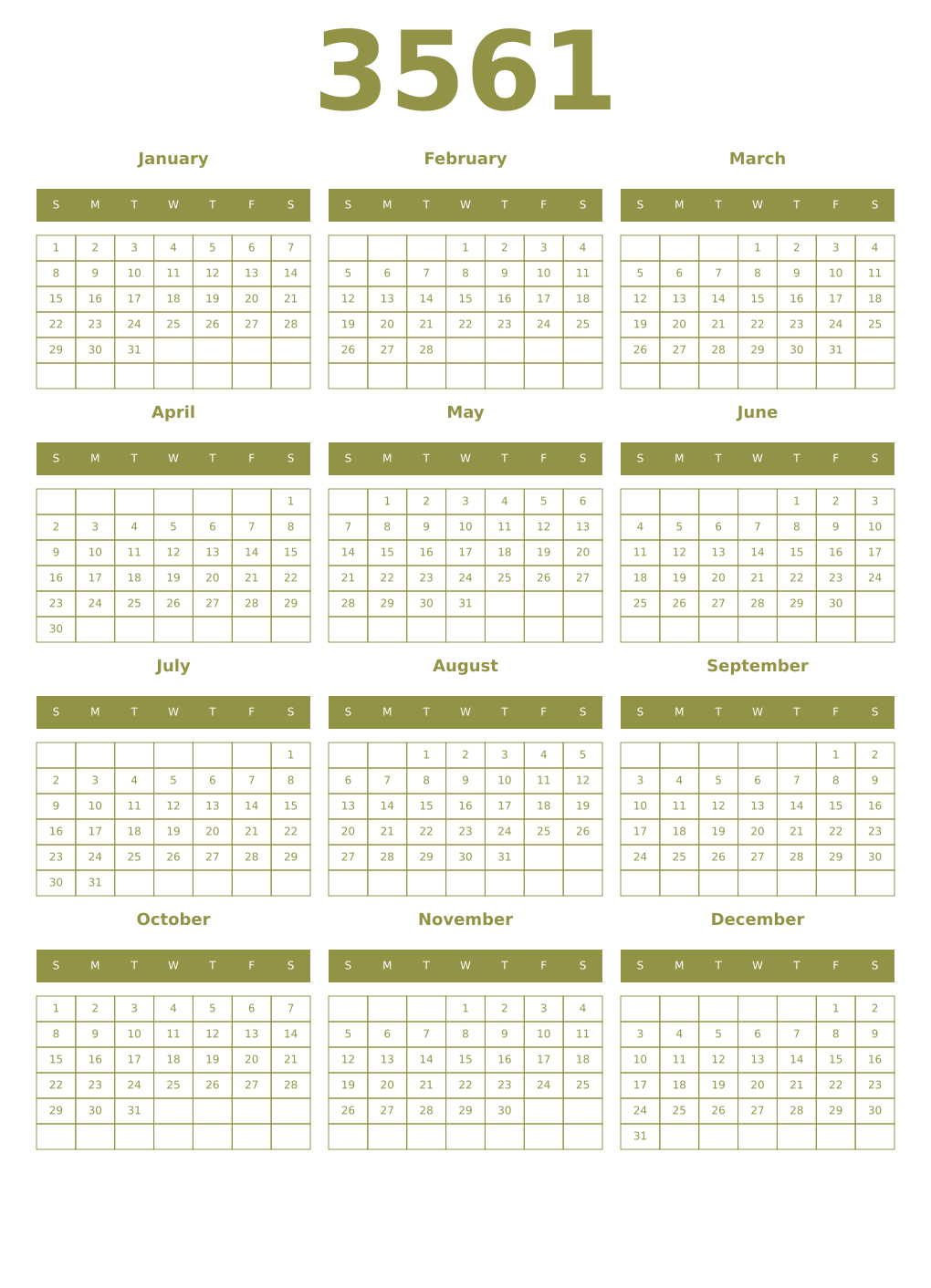 Printable 3561 Year Calendars eburnean