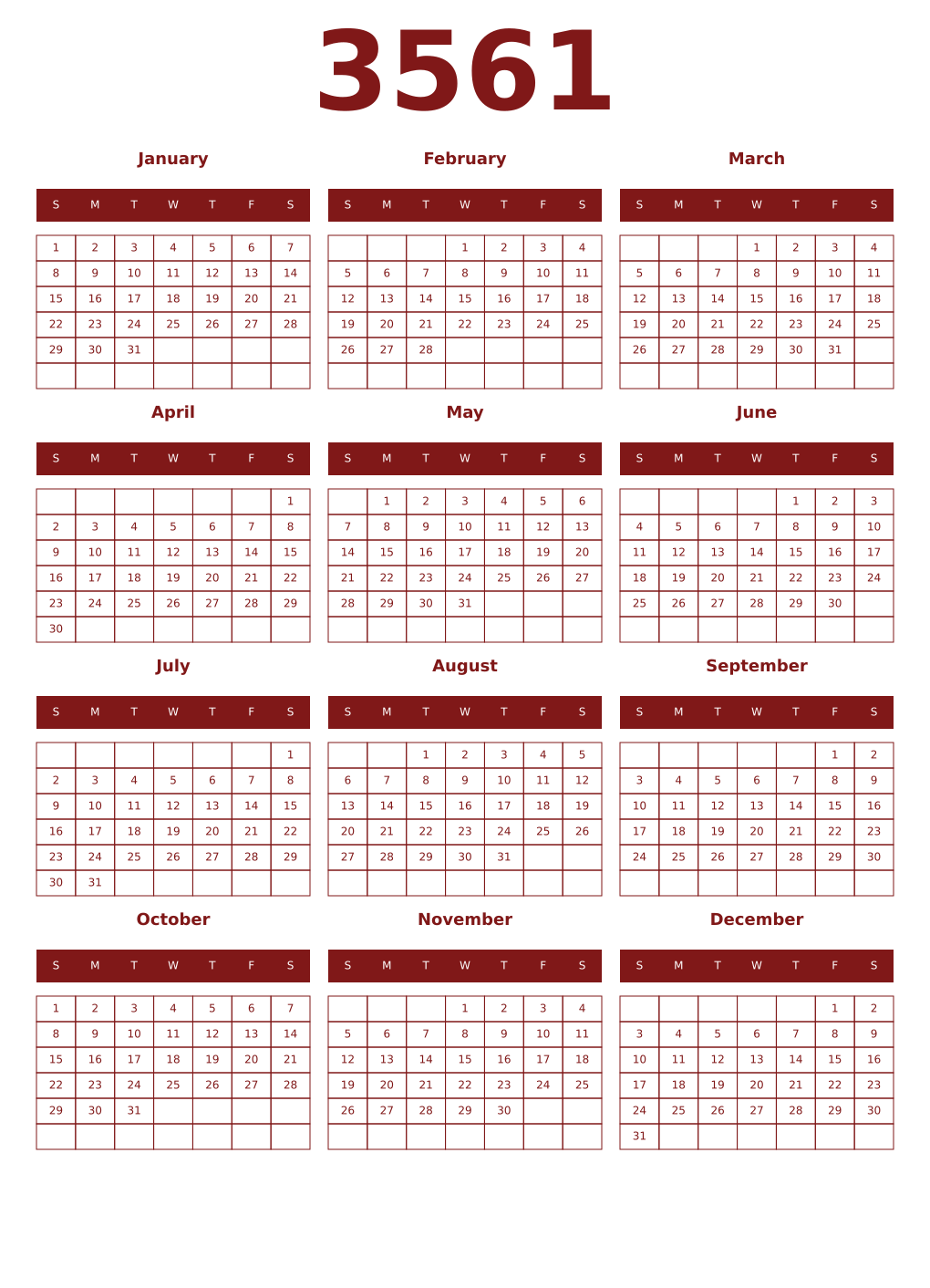 Printable 3561 Year Calendars falu