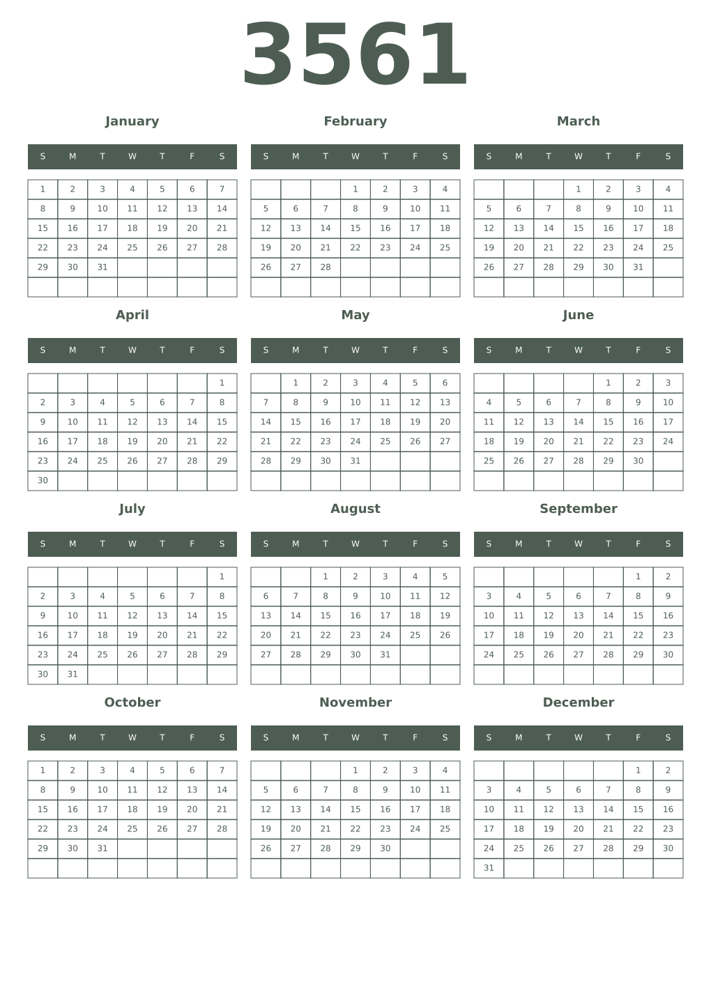 Printable 3561 Year Calendars feldgrau