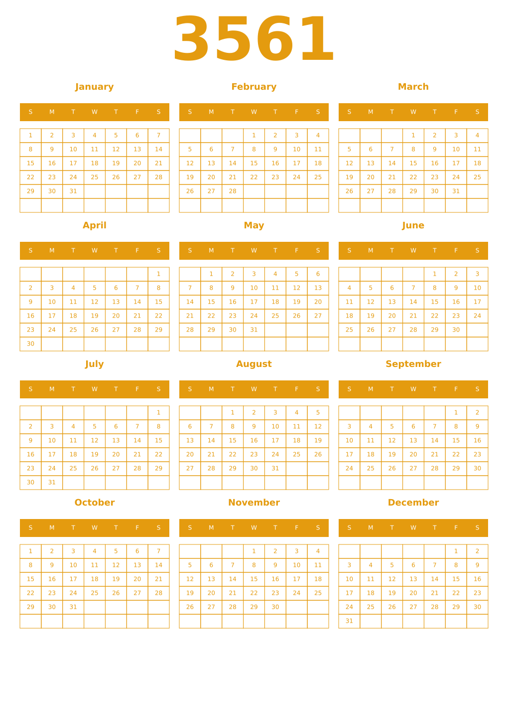 Printable 3561 Year Calendars gamboge