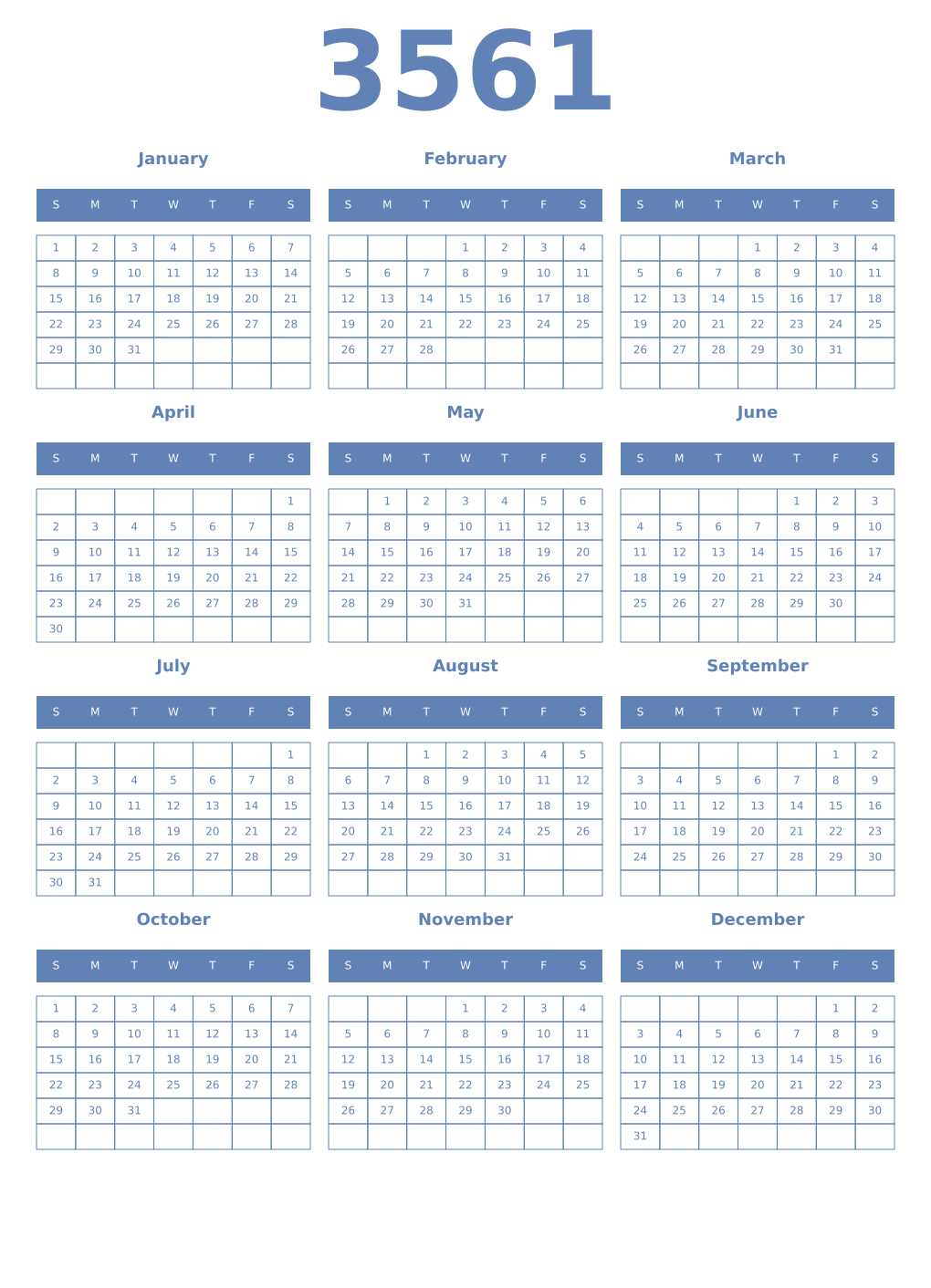 Printable 3561 Year Calendars glaucous