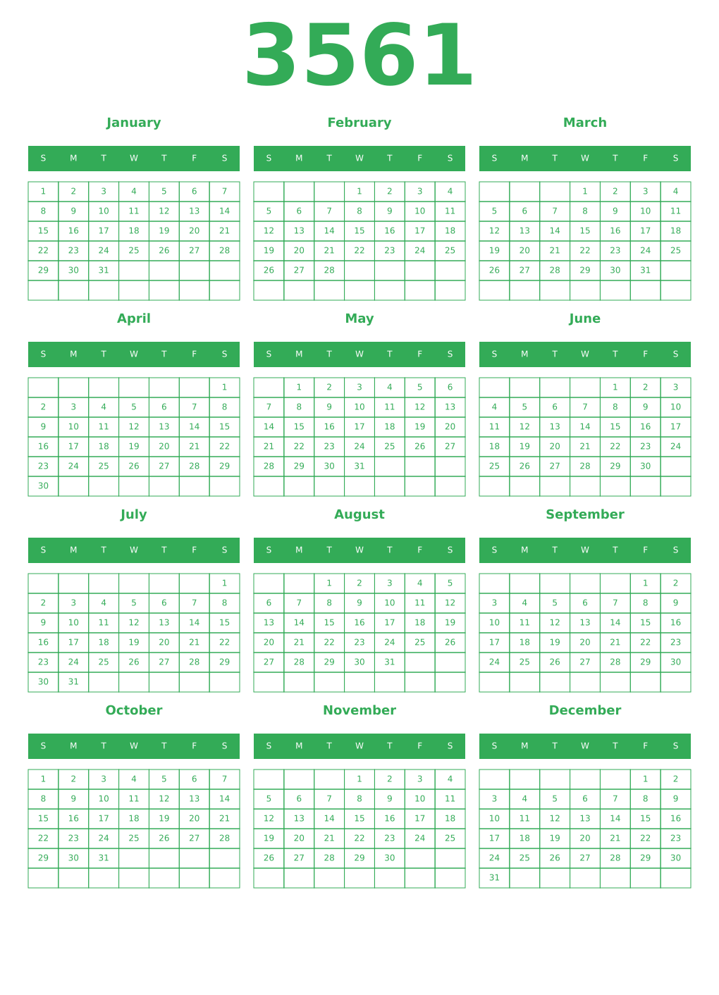 Printable 3561 Year Calendars green