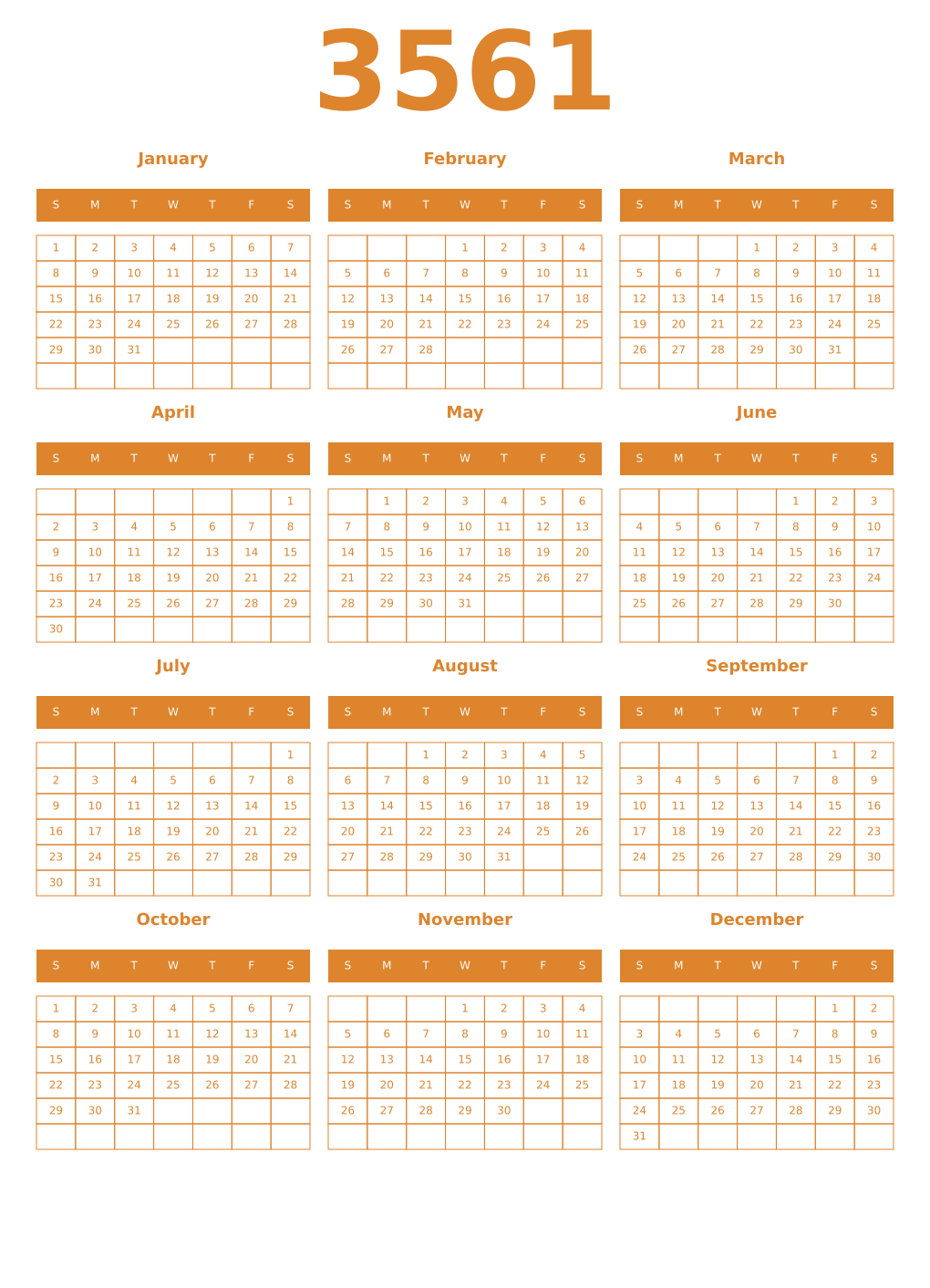 Printable 3561 Year Calendars orange