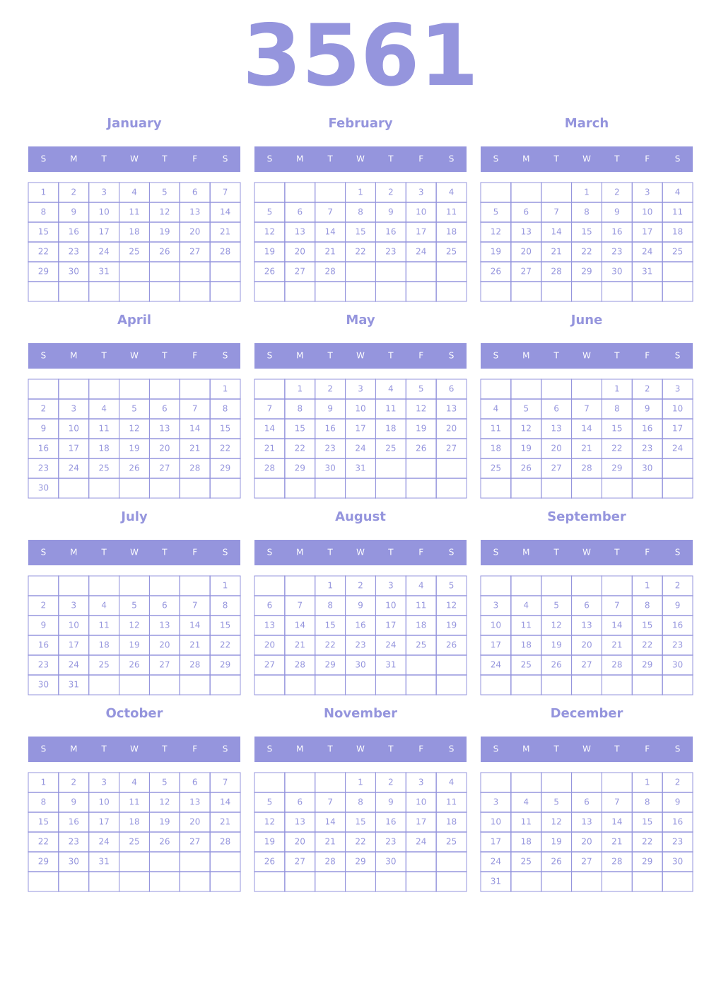 Printable 3561 Year Calendars periwinkle