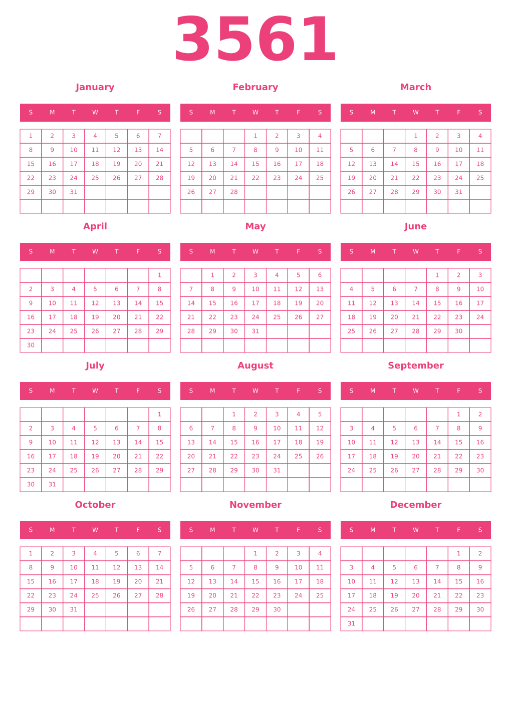 Printable 3561 Year Calendars pink