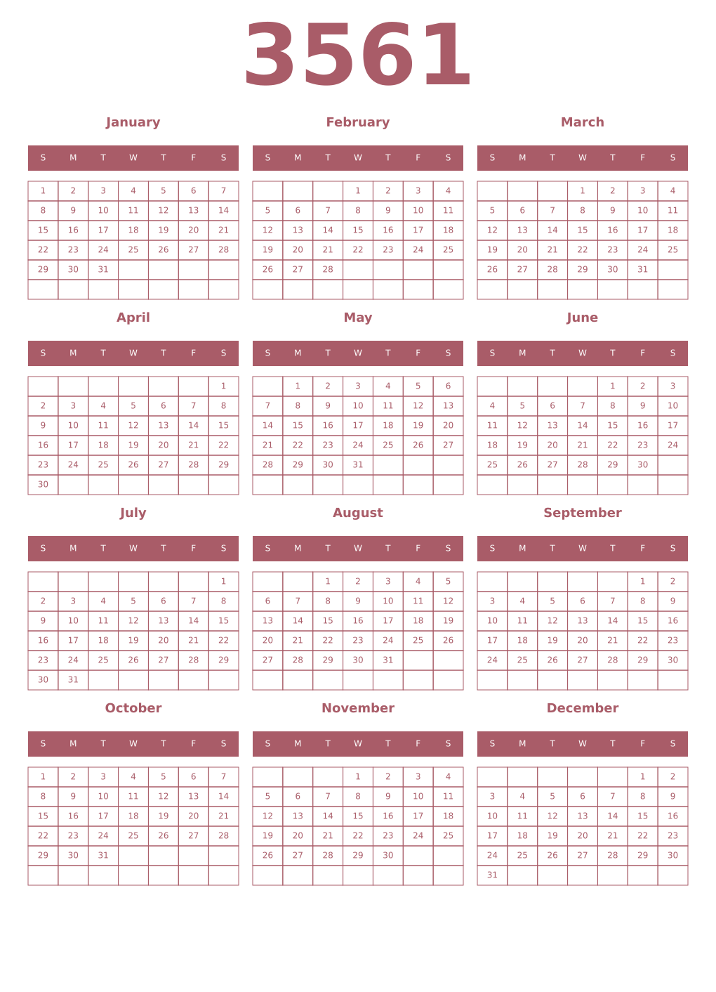 Printable 3561 Year Calendars puce