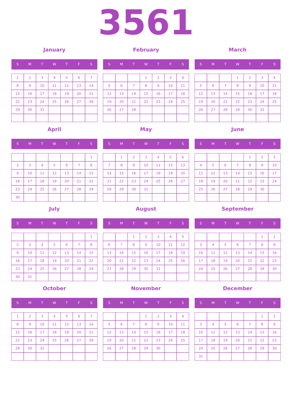 Printable 3561 Year Calendars purple