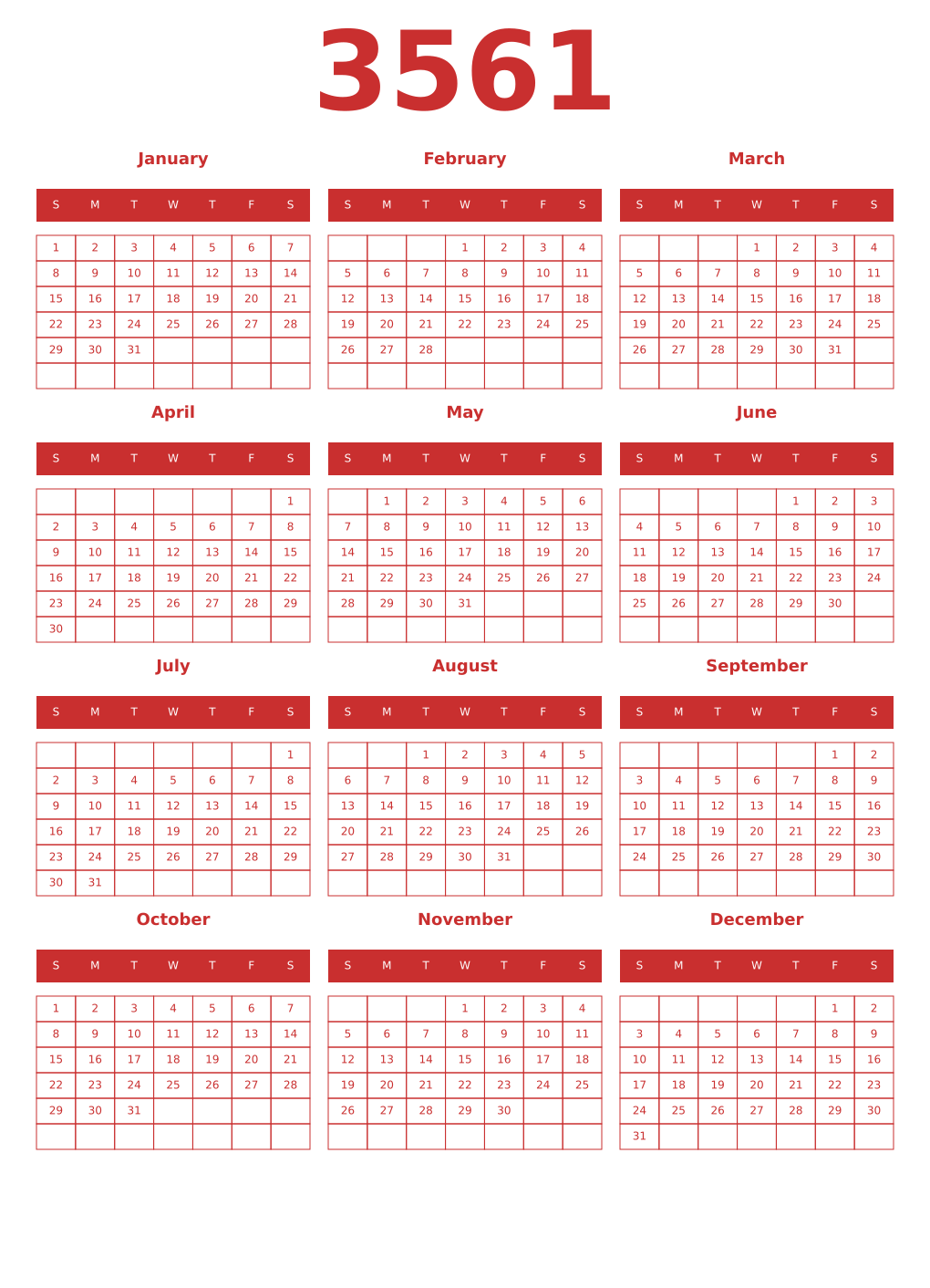 Printable 3561 Year Calendars red