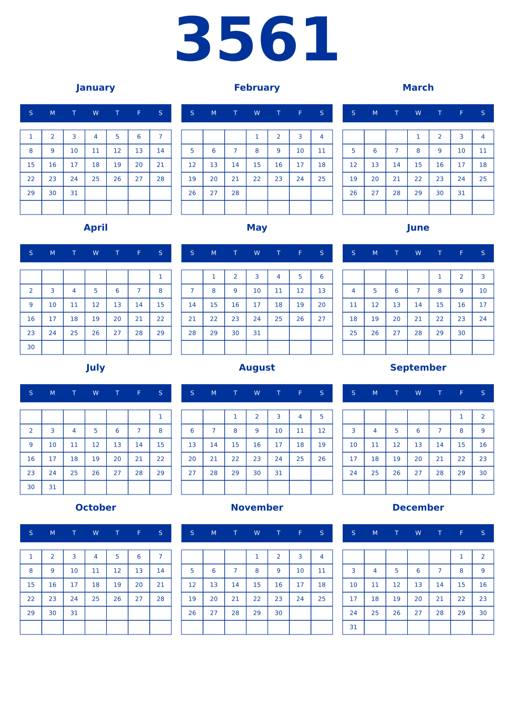 Printable 3561 Year Calendars smalt