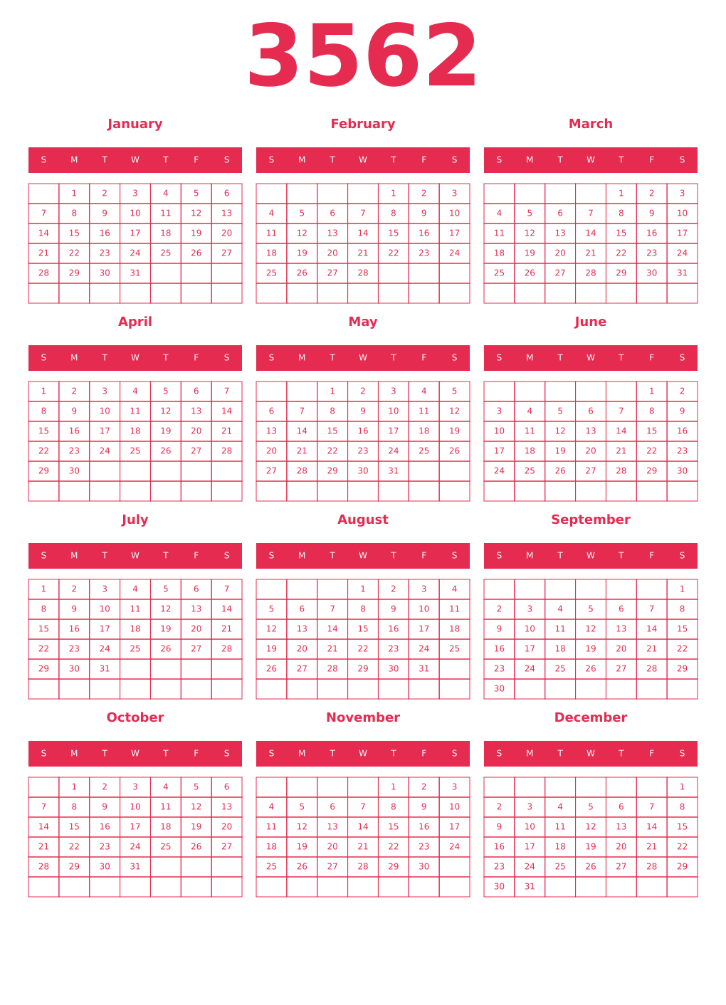Printable 3562 Year Calendars amaranth