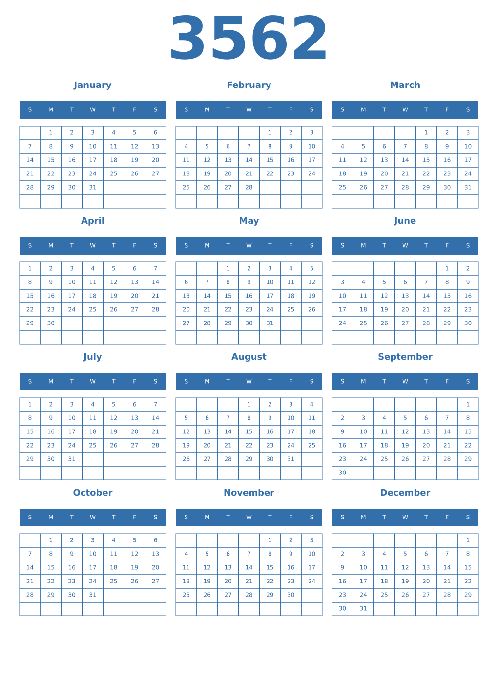Printable 3562 Year Calendars blue
