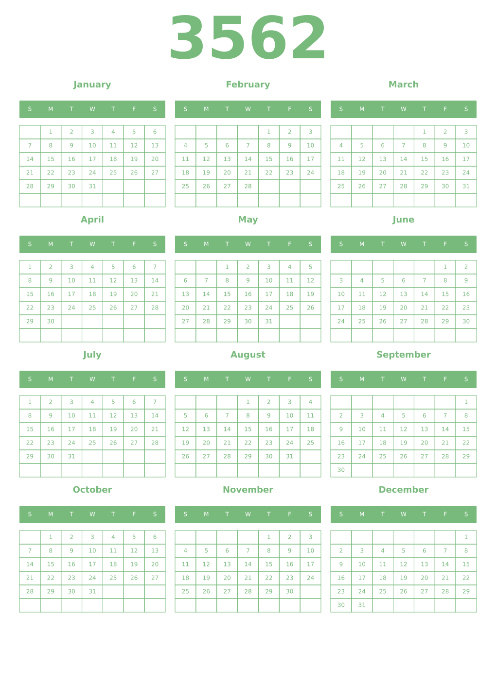 Printable 3562 Year Calendars celadon