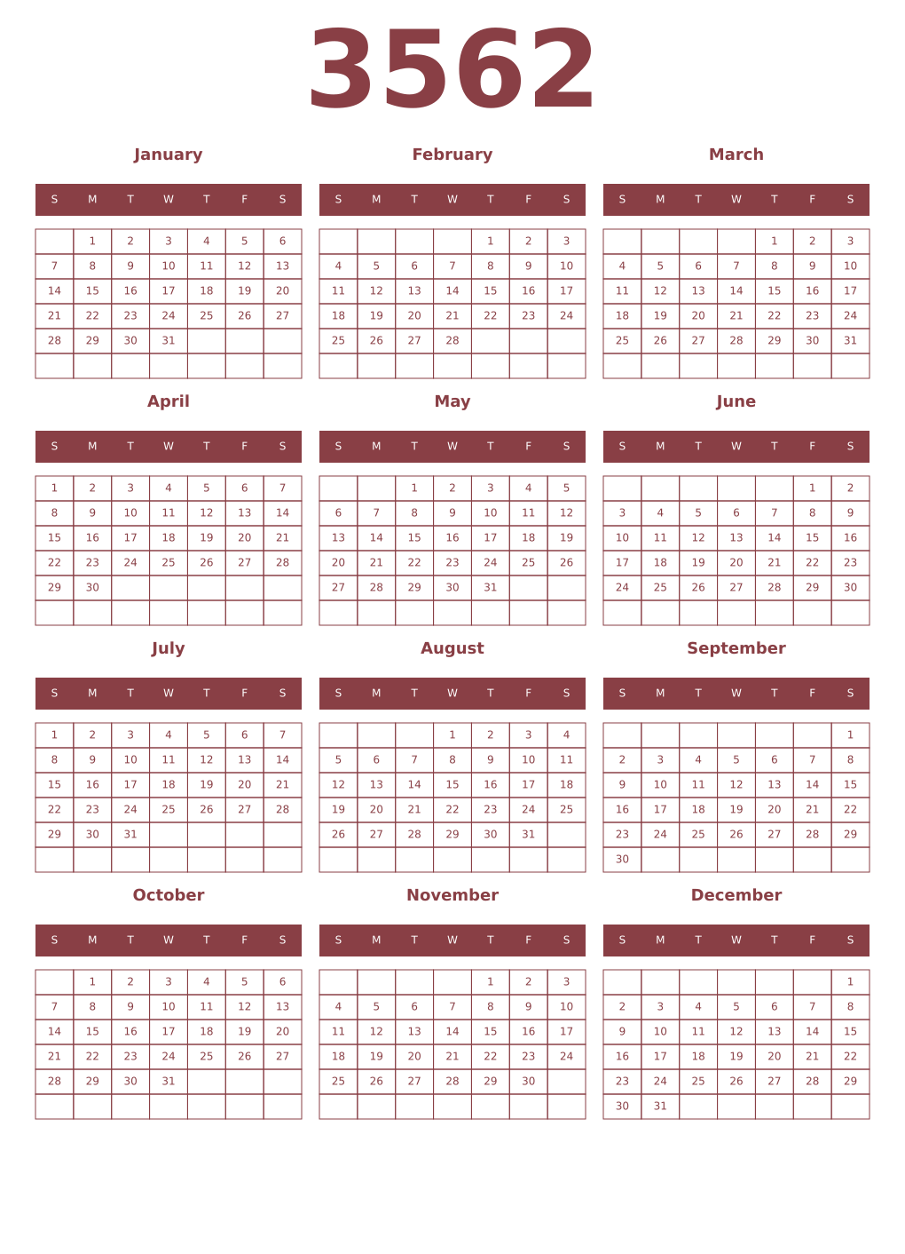 Printable 3562 Year Calendars cordovan
