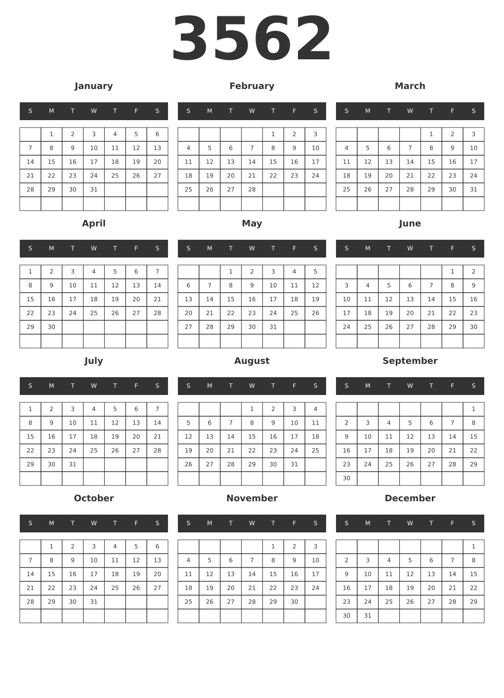 Printable 3562 Year Calendars dark