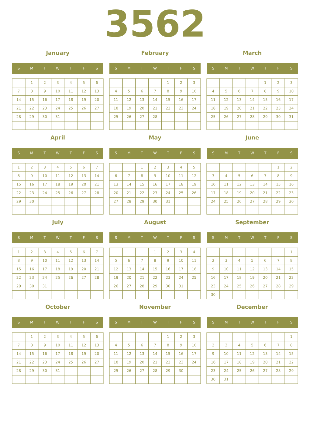 Printable 3562 Year Calendars eburnean