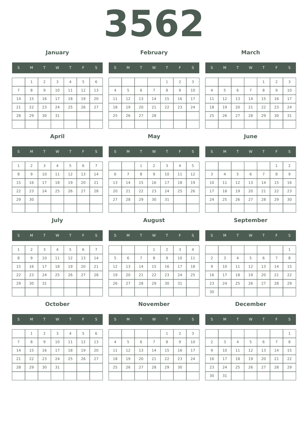Printable 3562 Year Calendars feldgrau