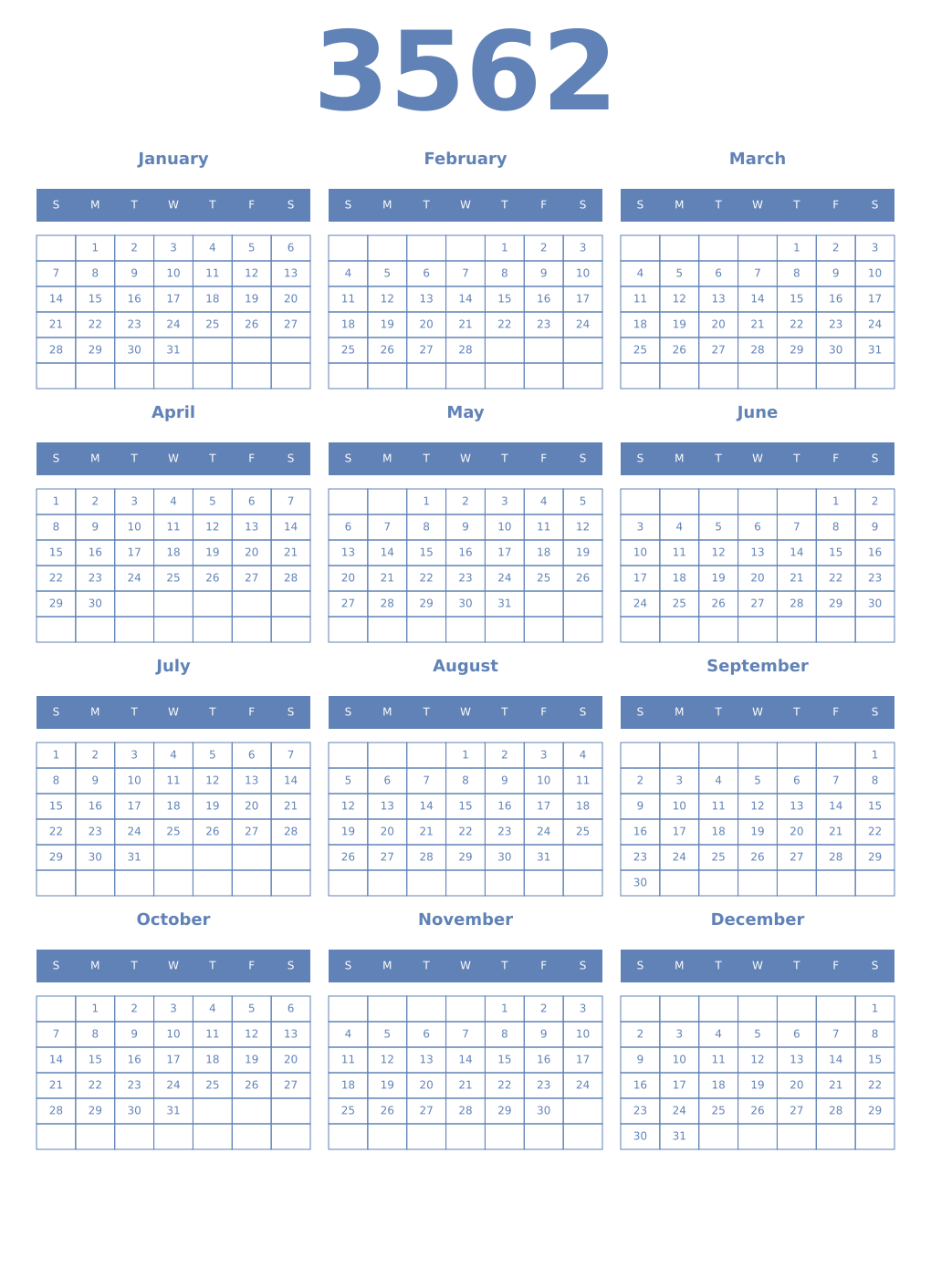 Printable 3562 Year Calendars glaucous