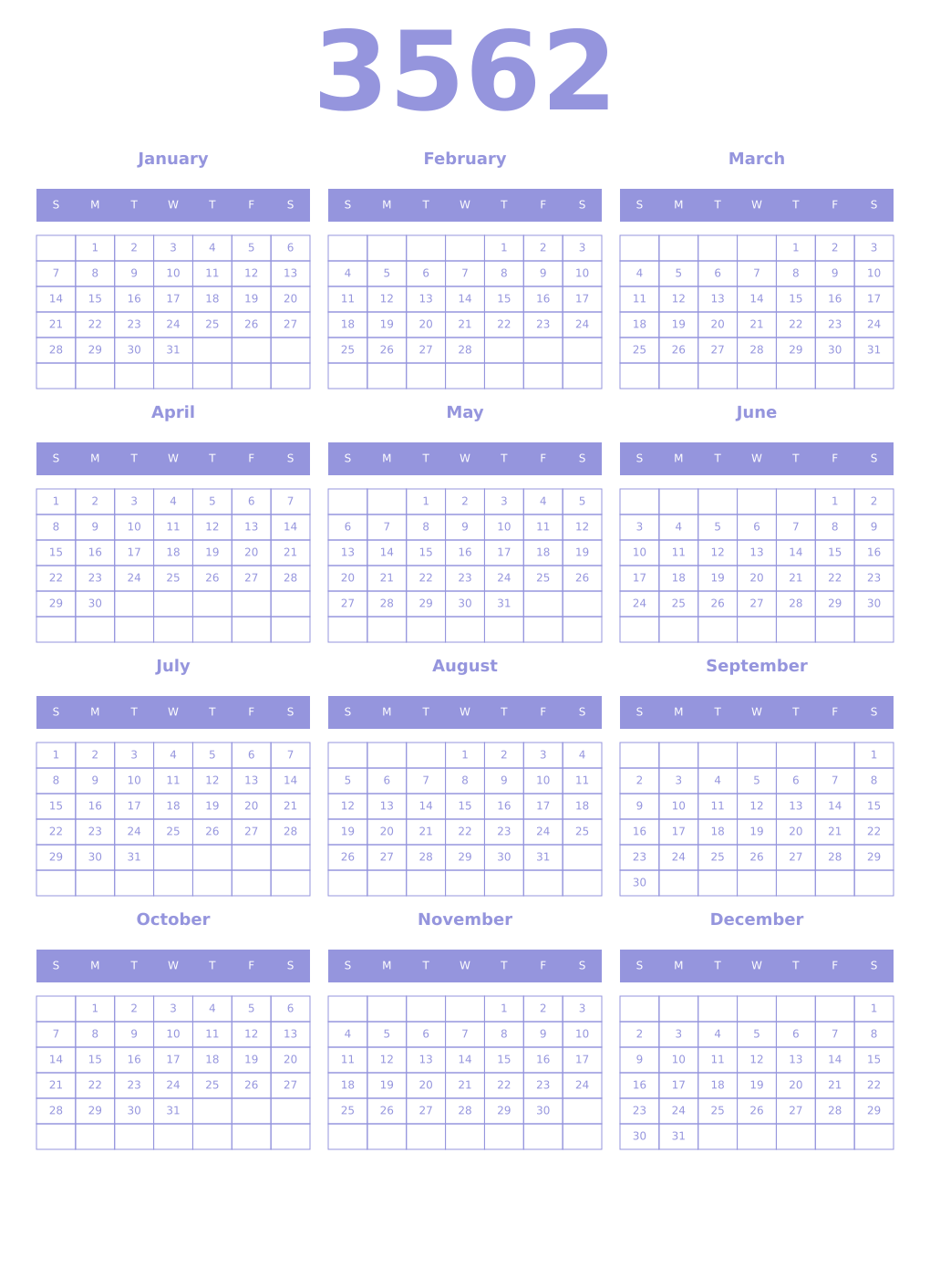 Printable 3562 Year Calendars periwinkle