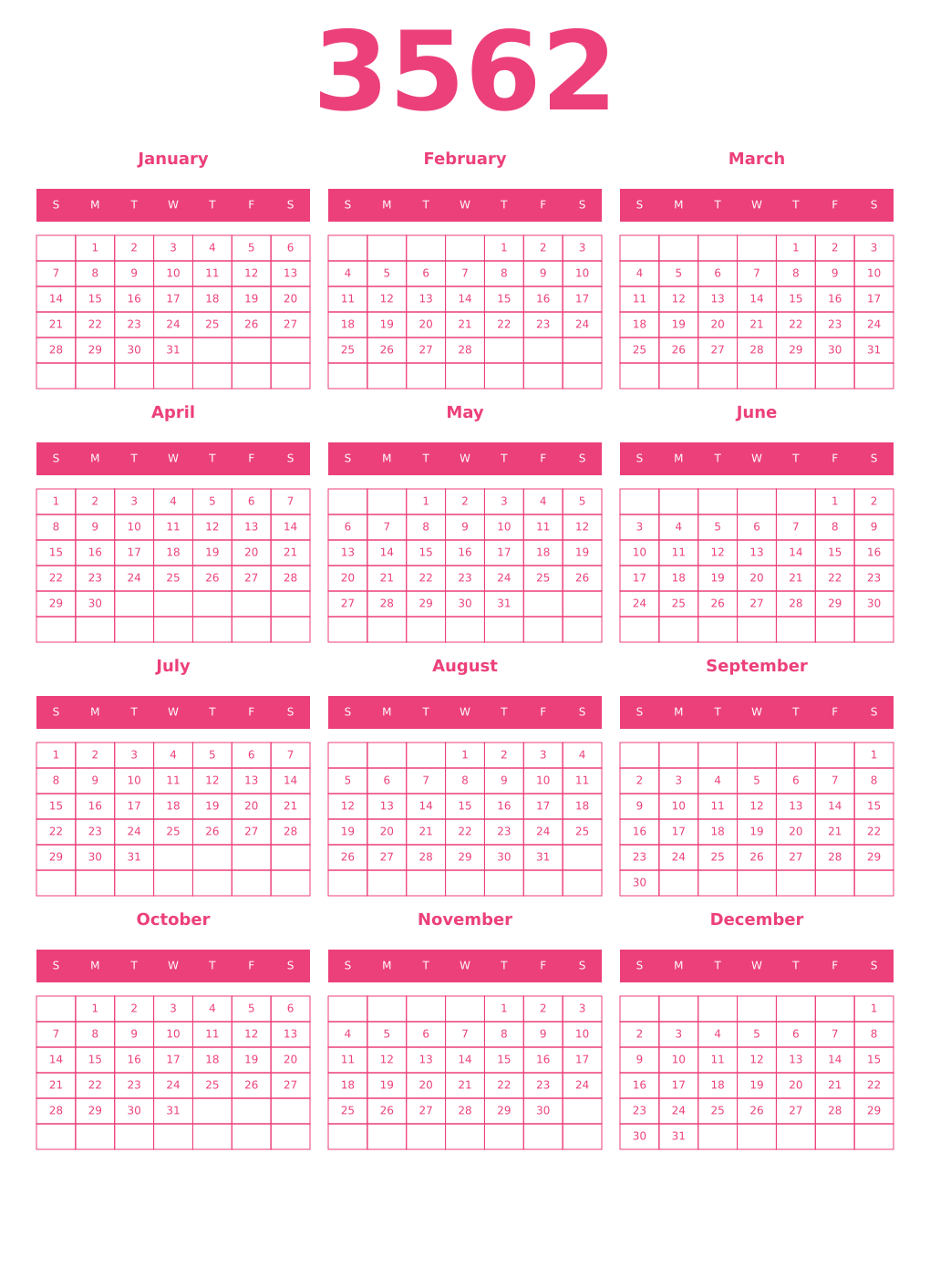 Printable 3562 Year Calendars pink