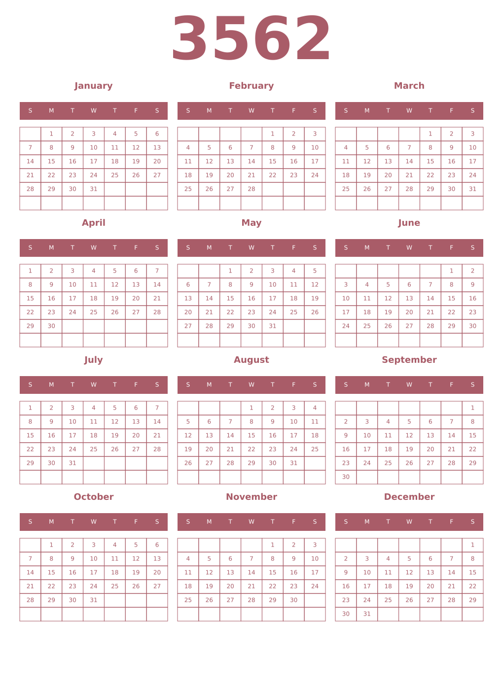Printable 3562 Year Calendars puce