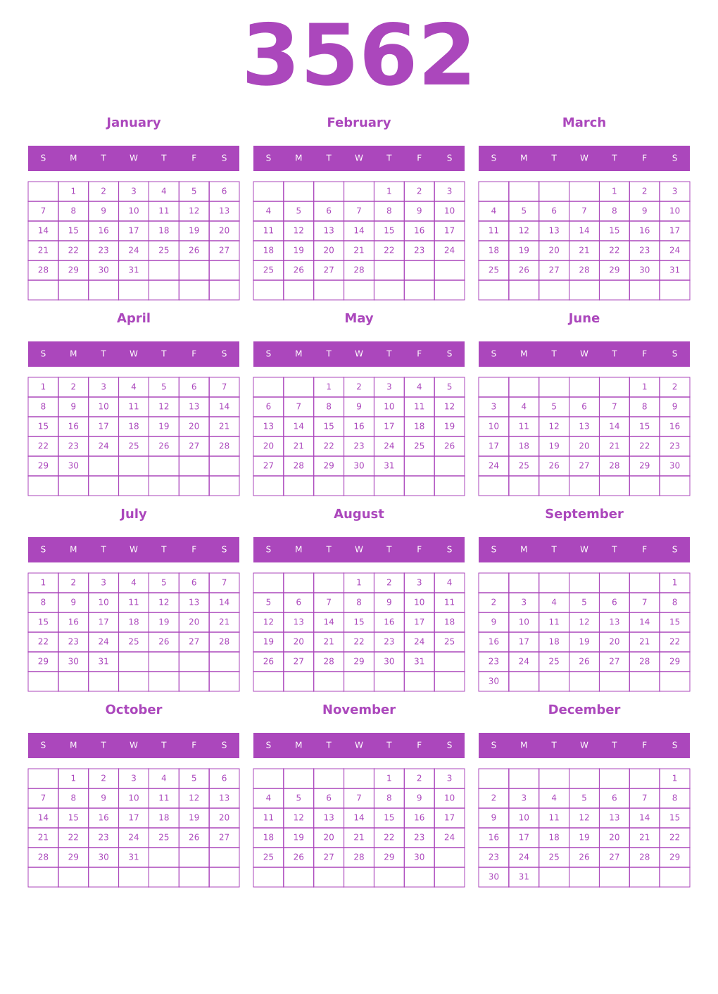 Printable 3562 Year Calendars purple