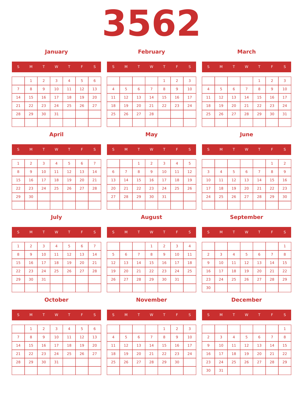 Printable 3562 Year Calendars red
