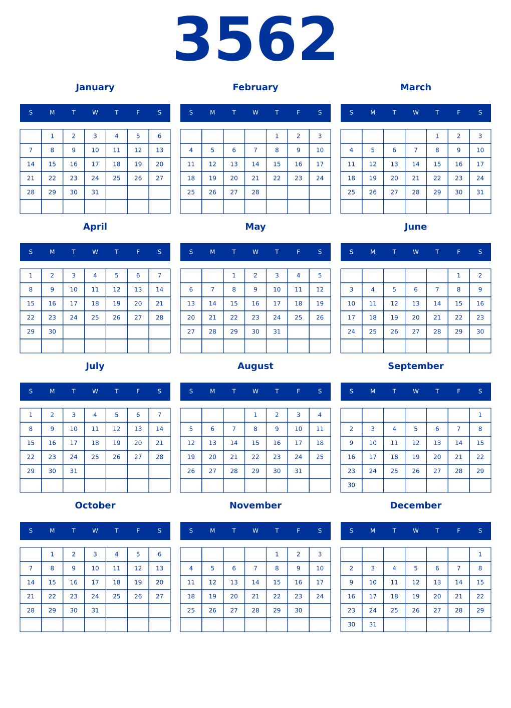 Printable 3562 Year Calendars smalt