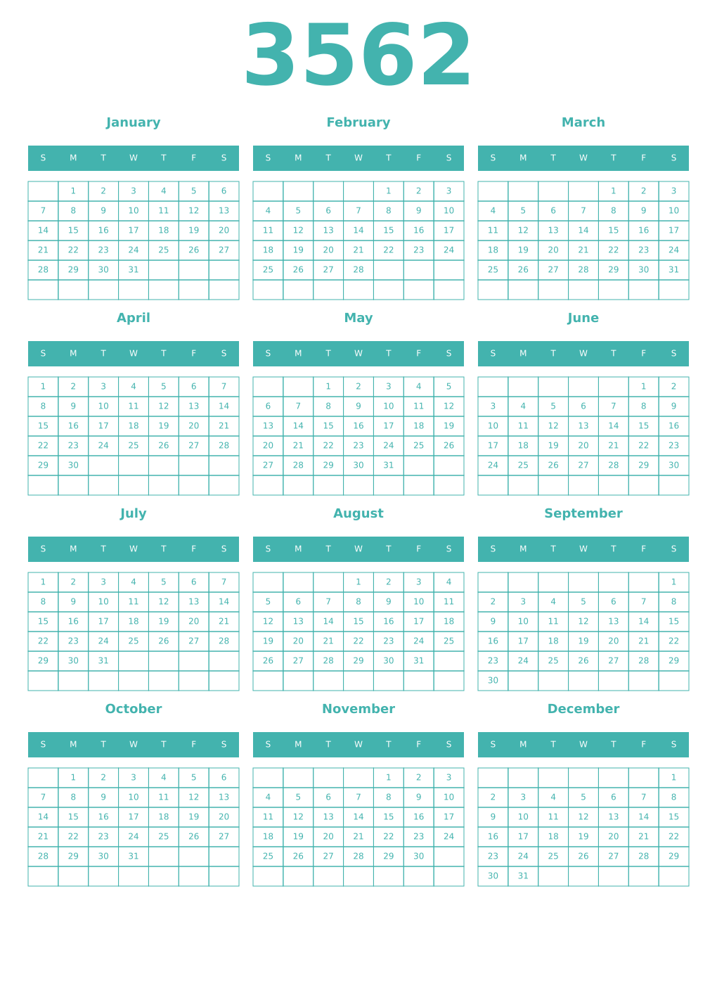 Printable 3562 Year Calendars verdigris