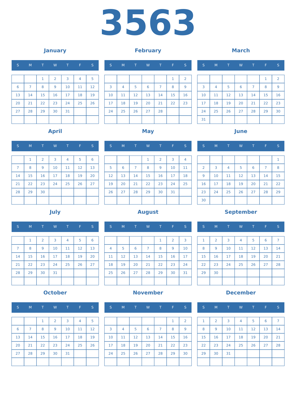 Printable 3563 Year Calendars blue