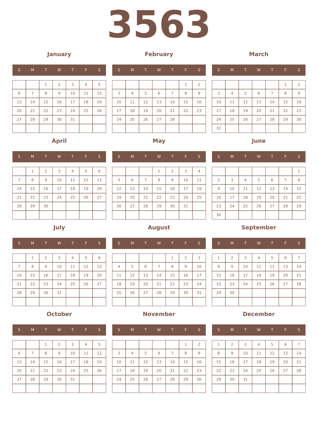 Printable 3563 Year Calendars coffe
