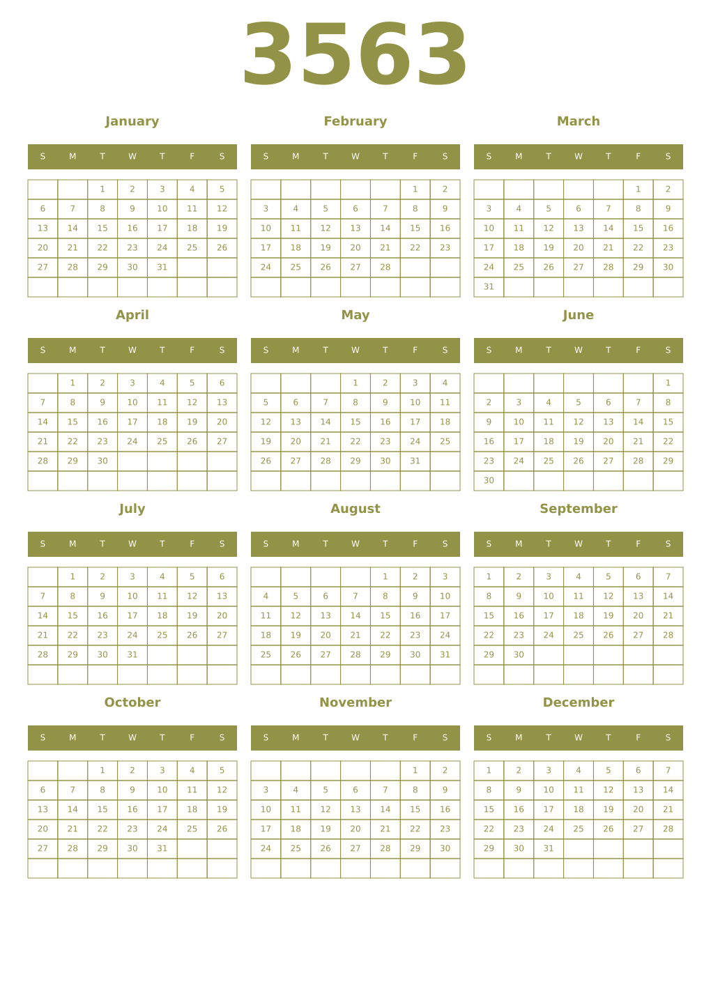 Printable 3563 Year Calendars eburnean