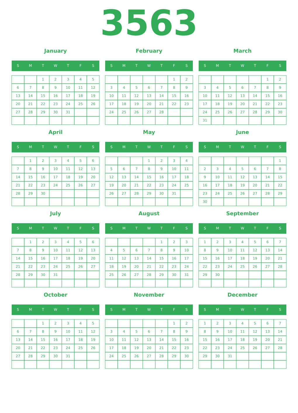 Printable 3563 Year Calendars green