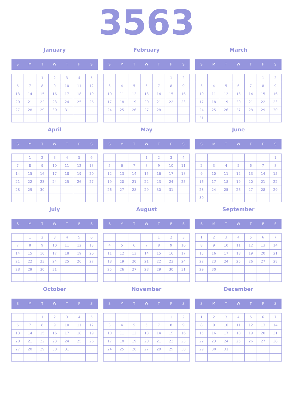 Printable 3563 Year Calendars periwinkle