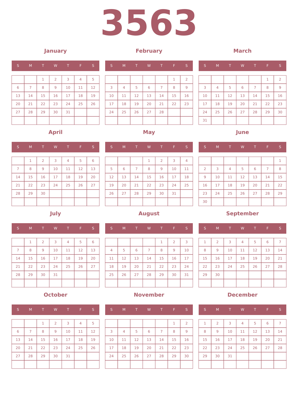 Printable 3563 Year Calendars puce