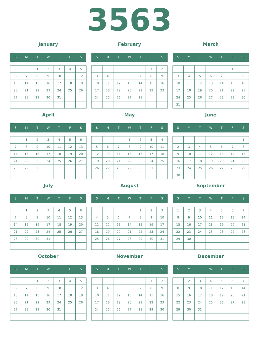 Printable 3563 Year Calendars viridian