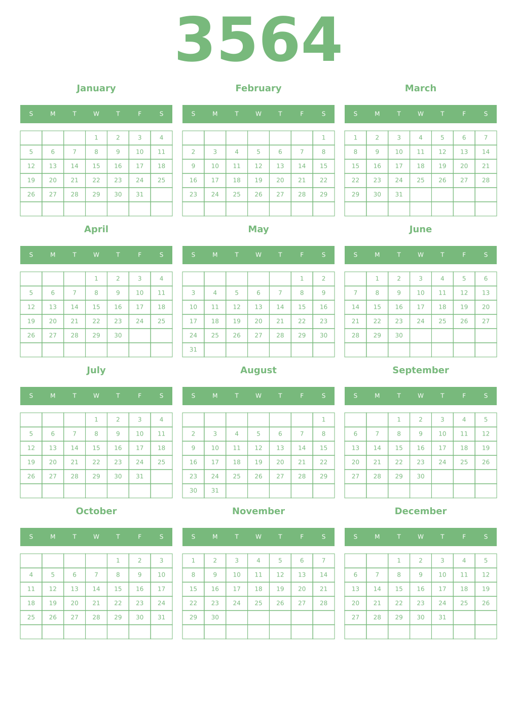 Printable 3564 Year Calendars celadon