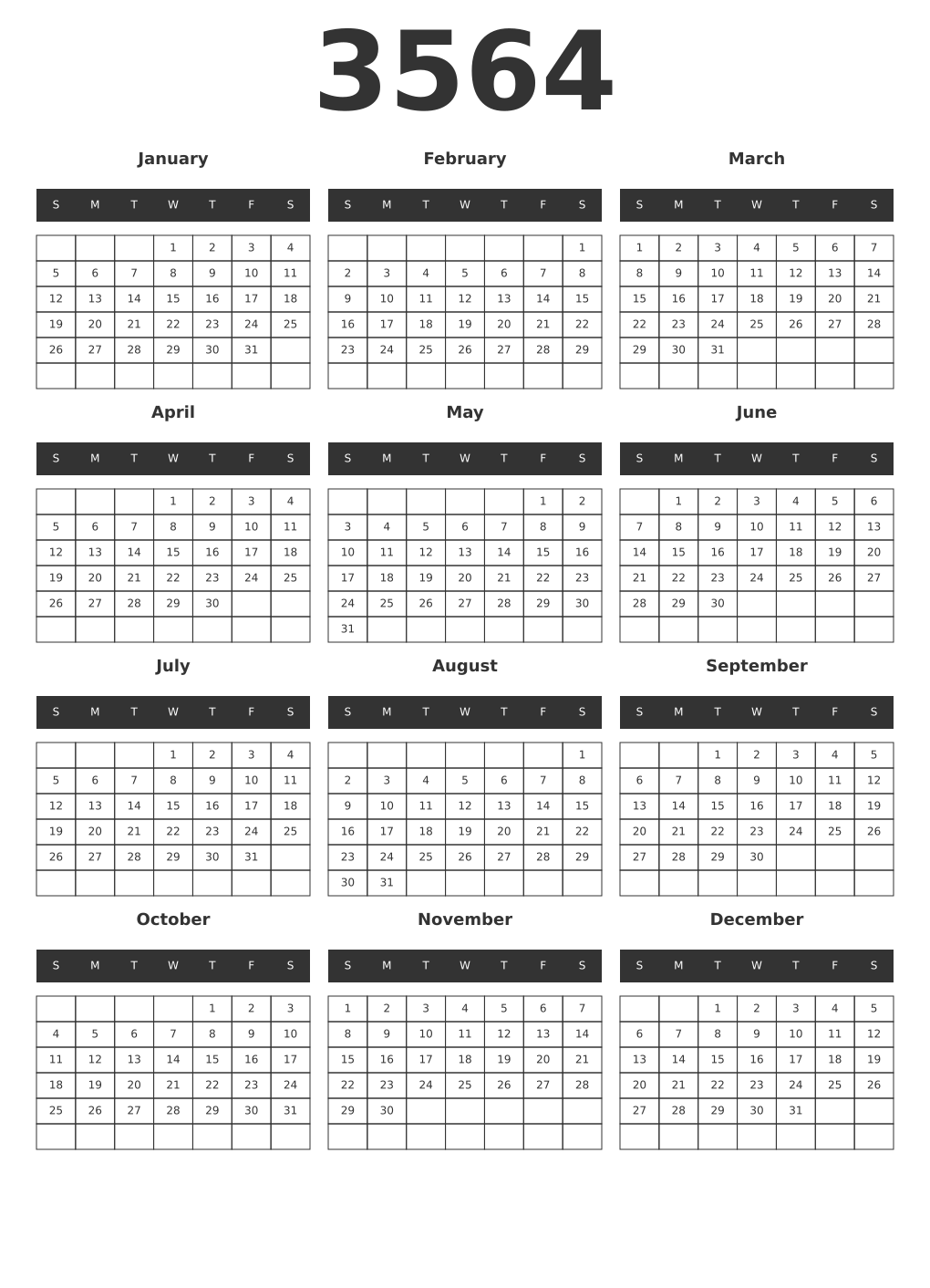 Printable 3564 Year Calendars dark