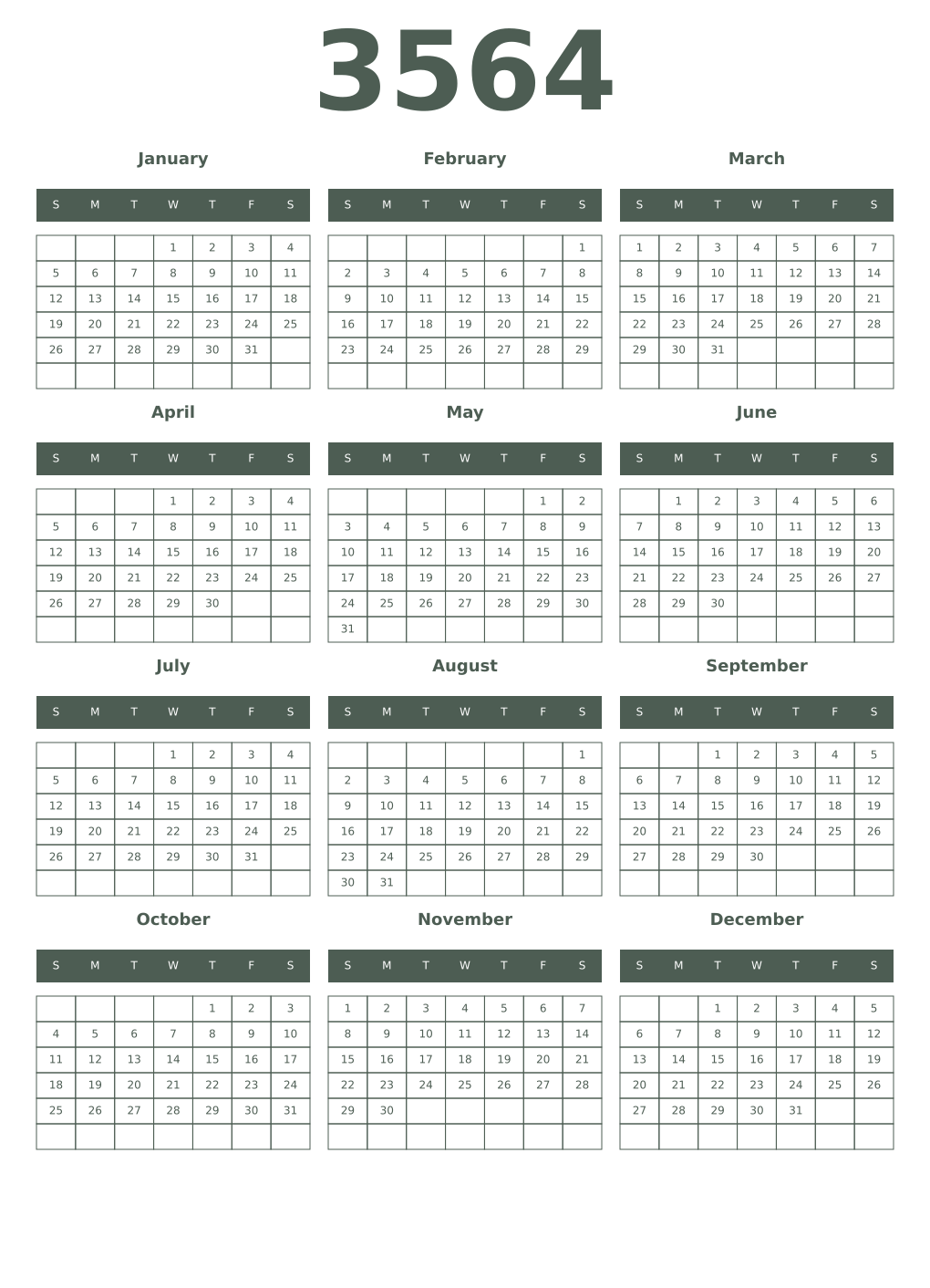 Printable 3564 Year Calendars feldgrau