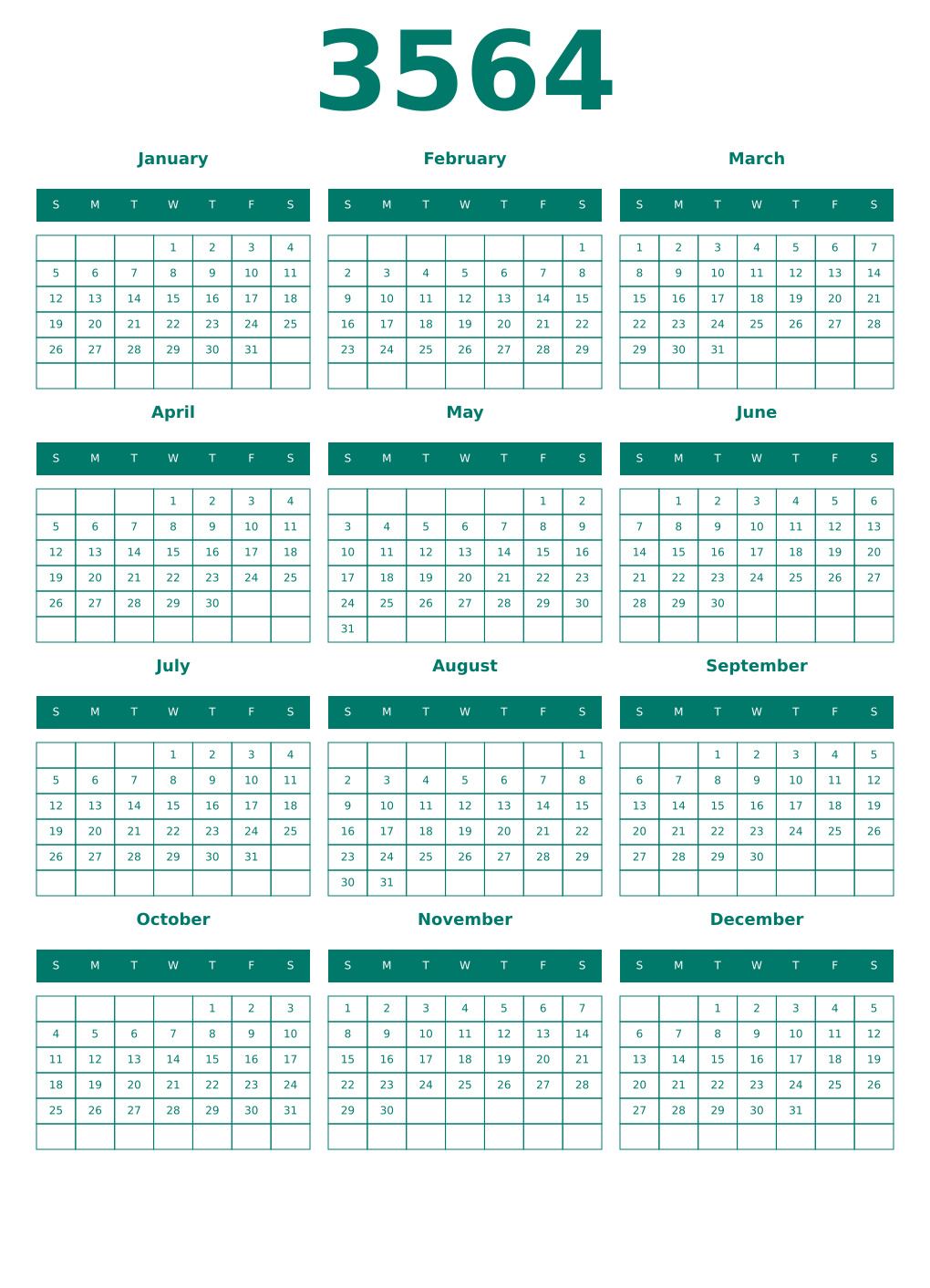 Printable 3564 Year Calendars pastel