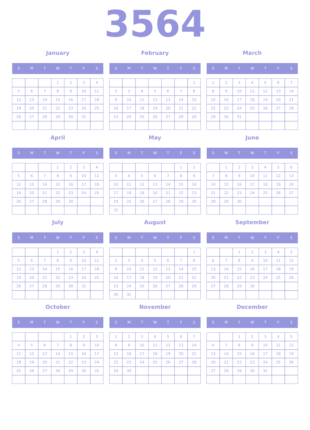 Printable 3564 Year Calendars periwinkle