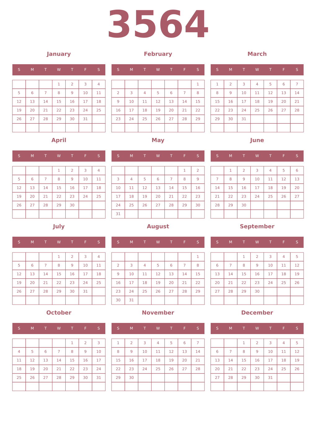 Printable 3564 Year Calendars puce